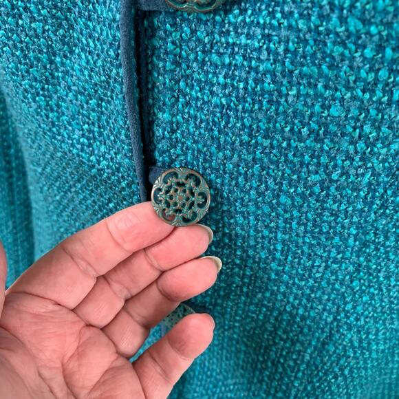 Coldwater Creek Sz 8P Jacket Blazer Teal Blue Tweed Faux Suede Trim Button Front - Picture 6 of 11
